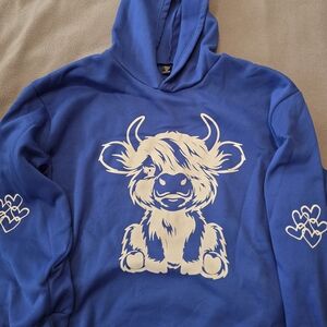 SHEIN Blue Hoodie with White Highland Cow Graphic